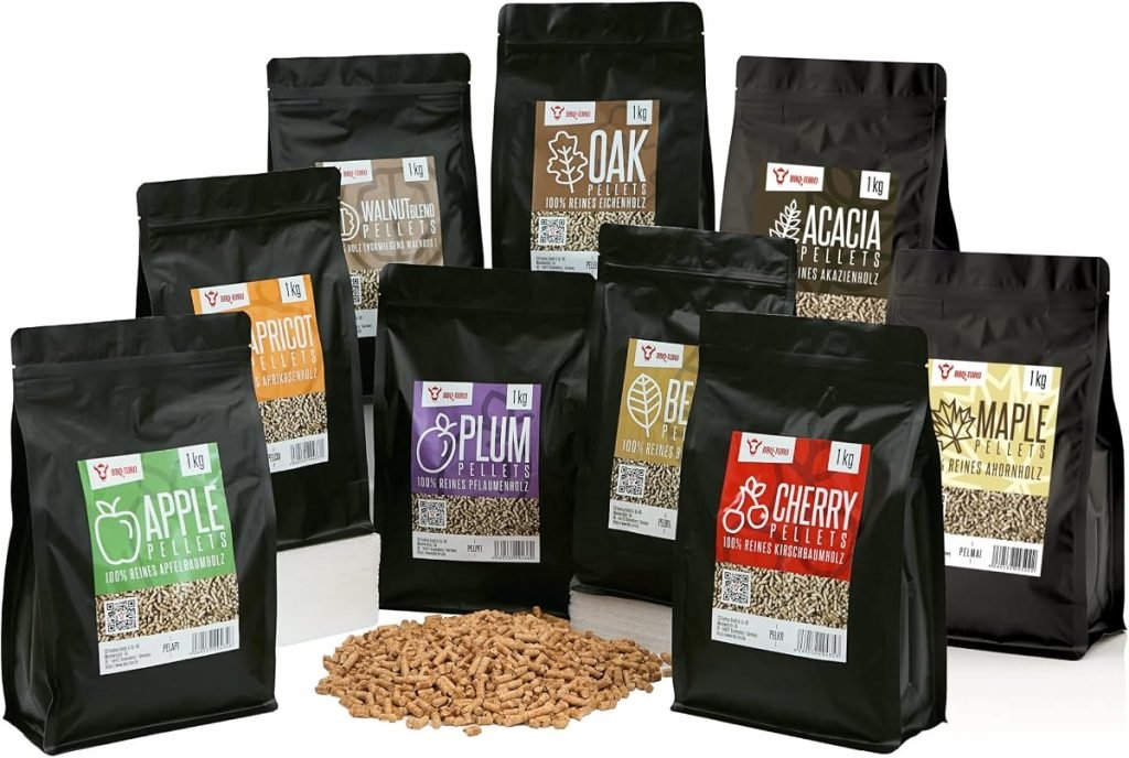 BBQ-Toro Set de Pellets 100% Madera | 9 Variedades de 1 Kg c/u | Kit para Barbacoa, Ahumador, Horno para Pizza y Sistemas de Calefacción | Pellets Sur